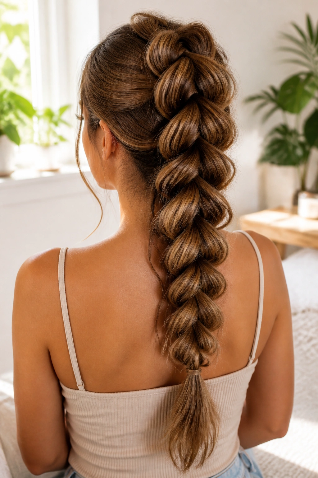 Portrait of real woman with pull-through braid showing stacked loops