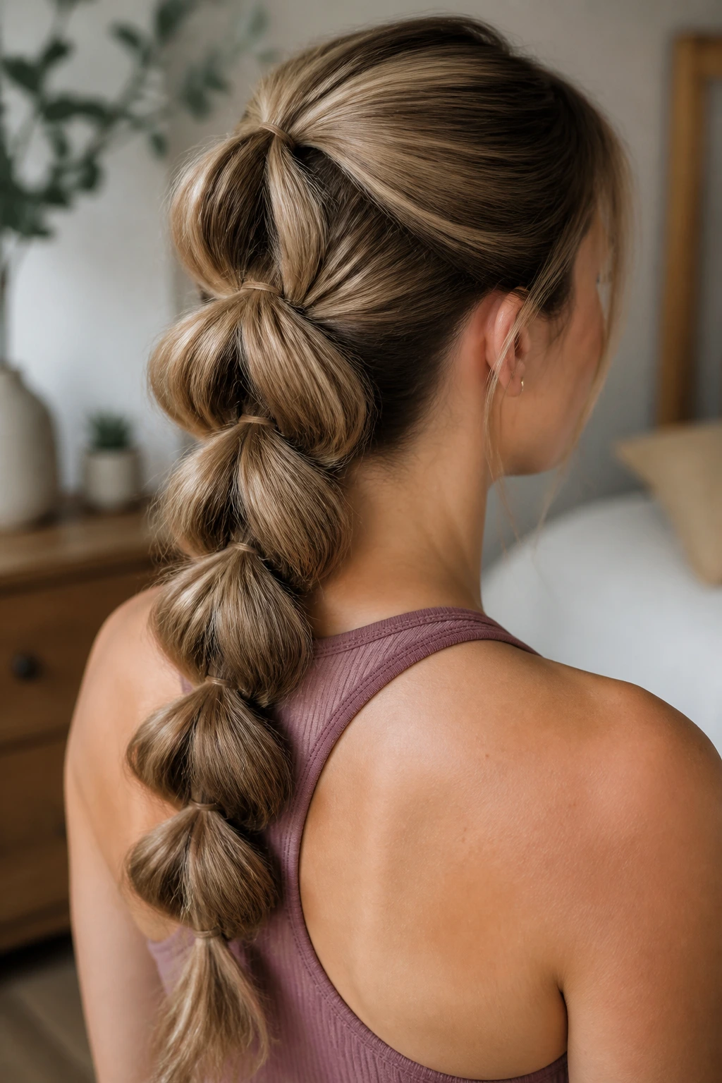 Three-quarter rear portrait of real person with pull-through braid