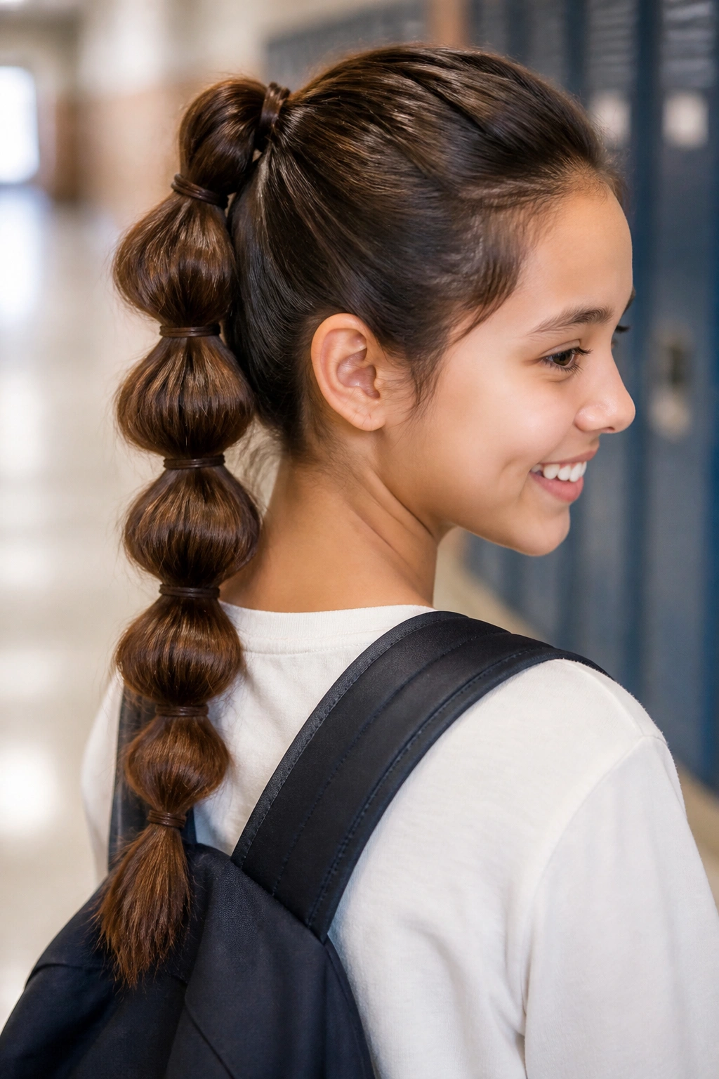 Real student with pull-through braid in a school hallway