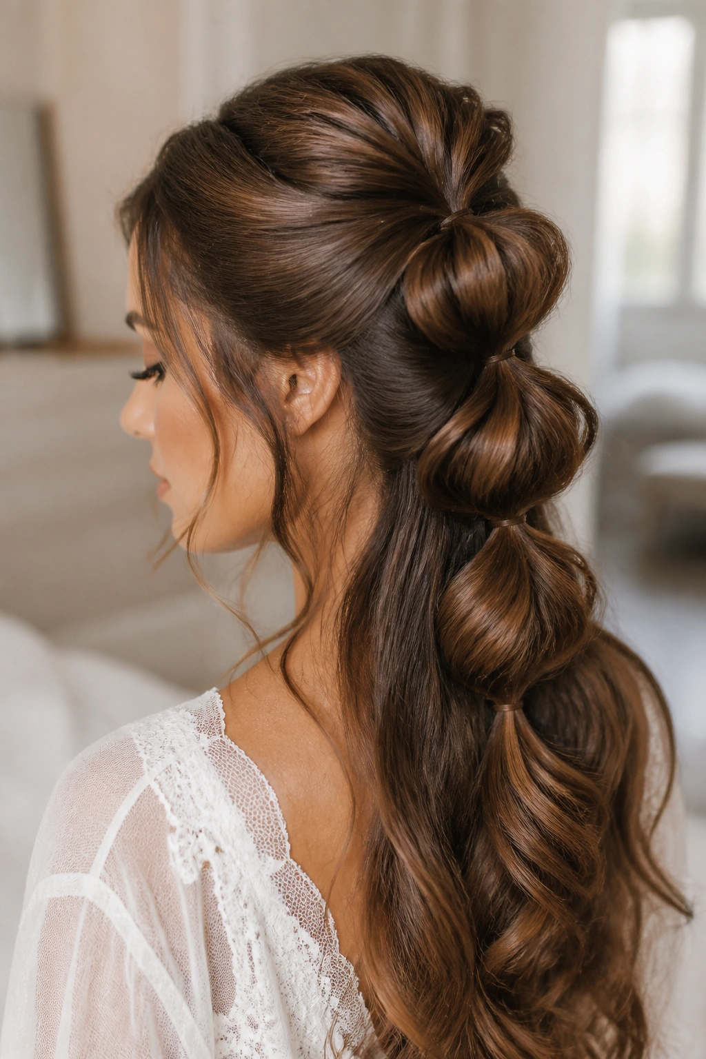 Close-up of a real woman with a voluminous pull-through braid in a bridal suite.