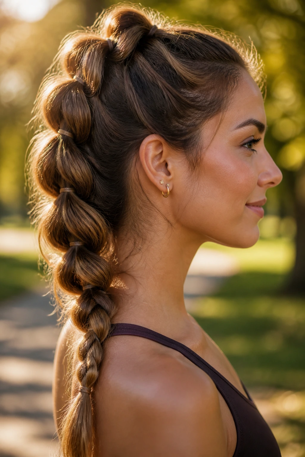 Close-up portrait of a real woman with a chunky pull-through braid in a sunlit outdoor setting