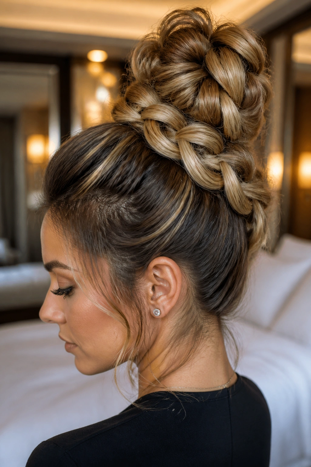 Pull-Through braided pony updo portrait of a real woman with stacked loops and crown volume