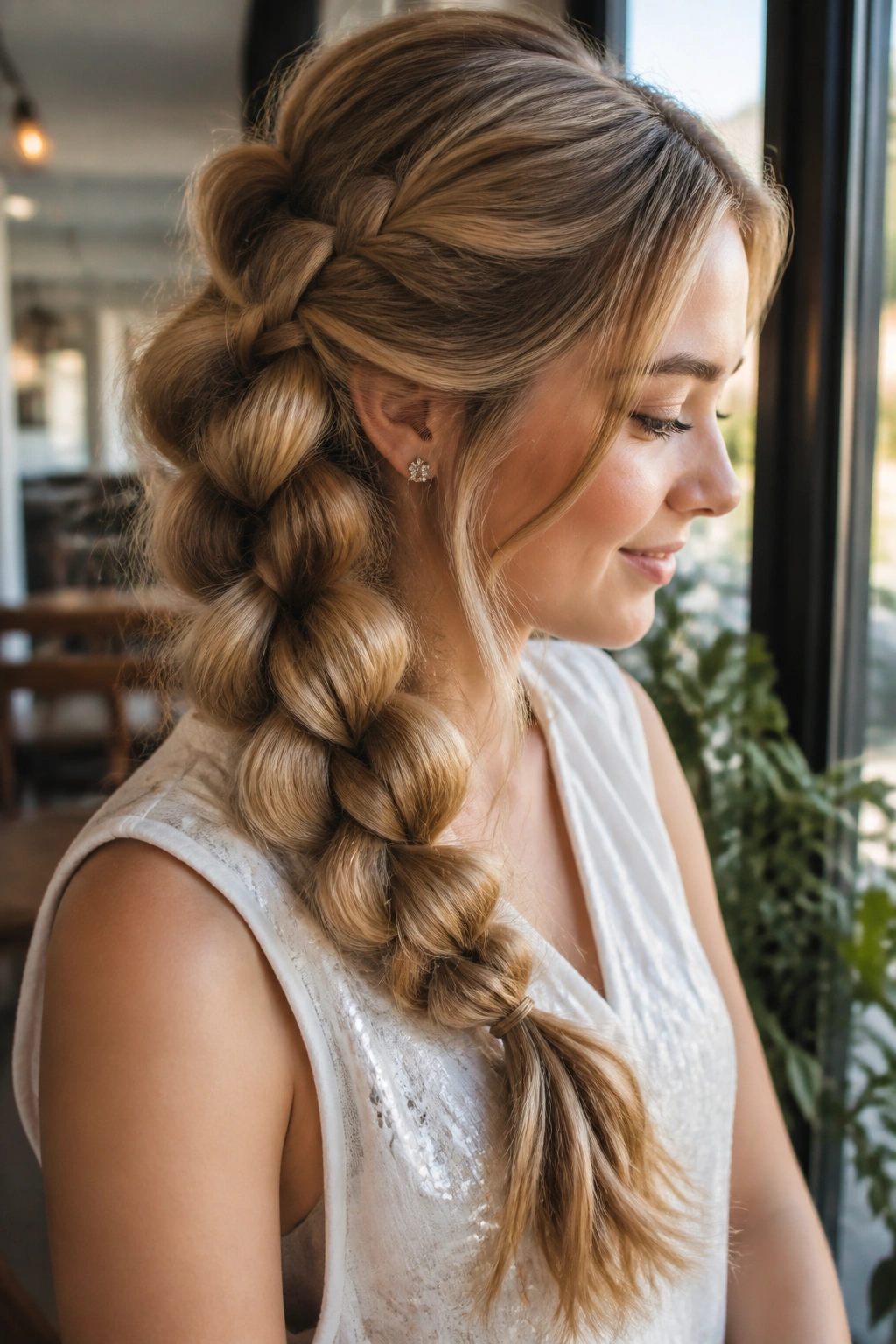 Close-up of a real woman with a voluminous pull-through side braid.