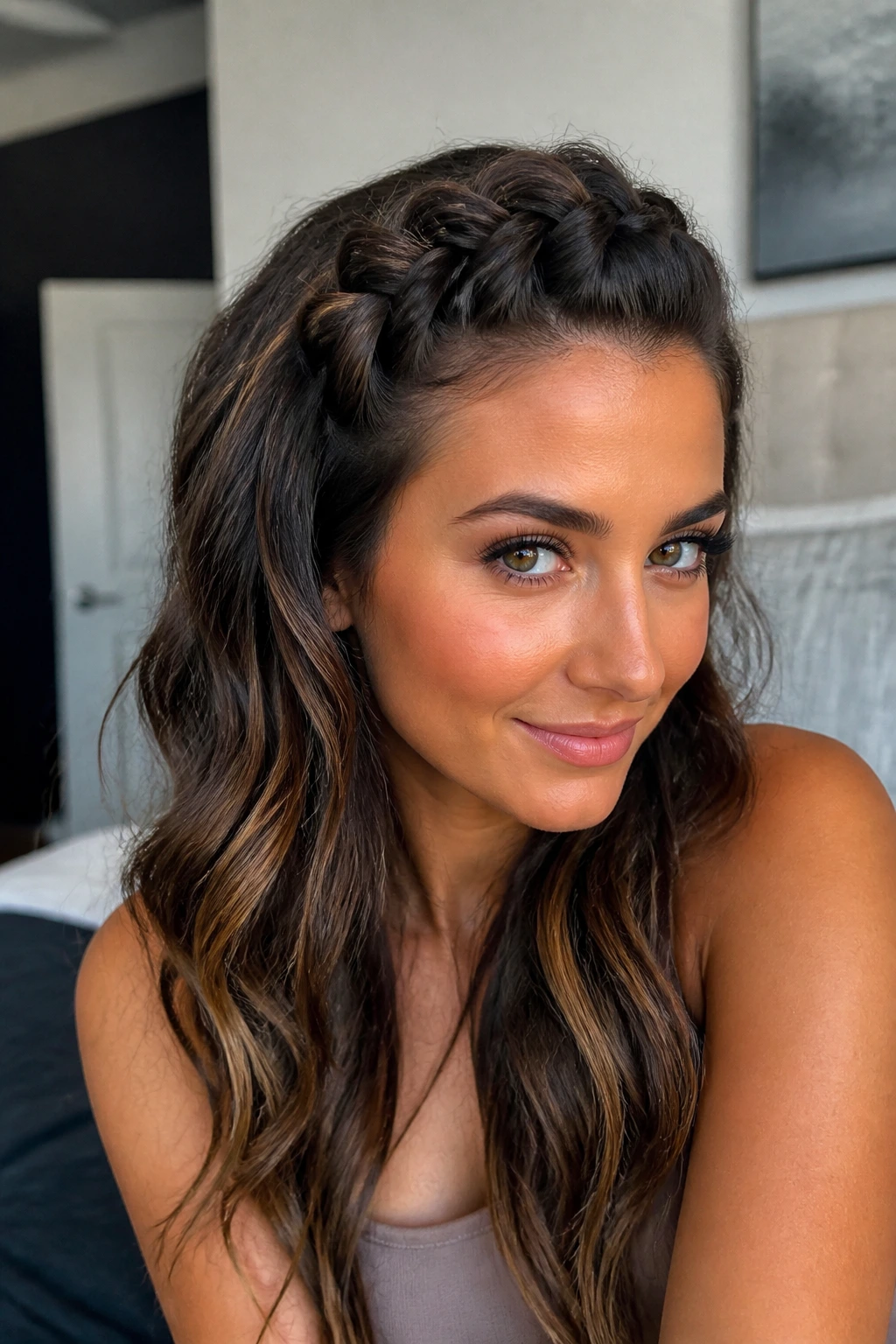 Close-up of a real person with a pull-through front braid for extra volume