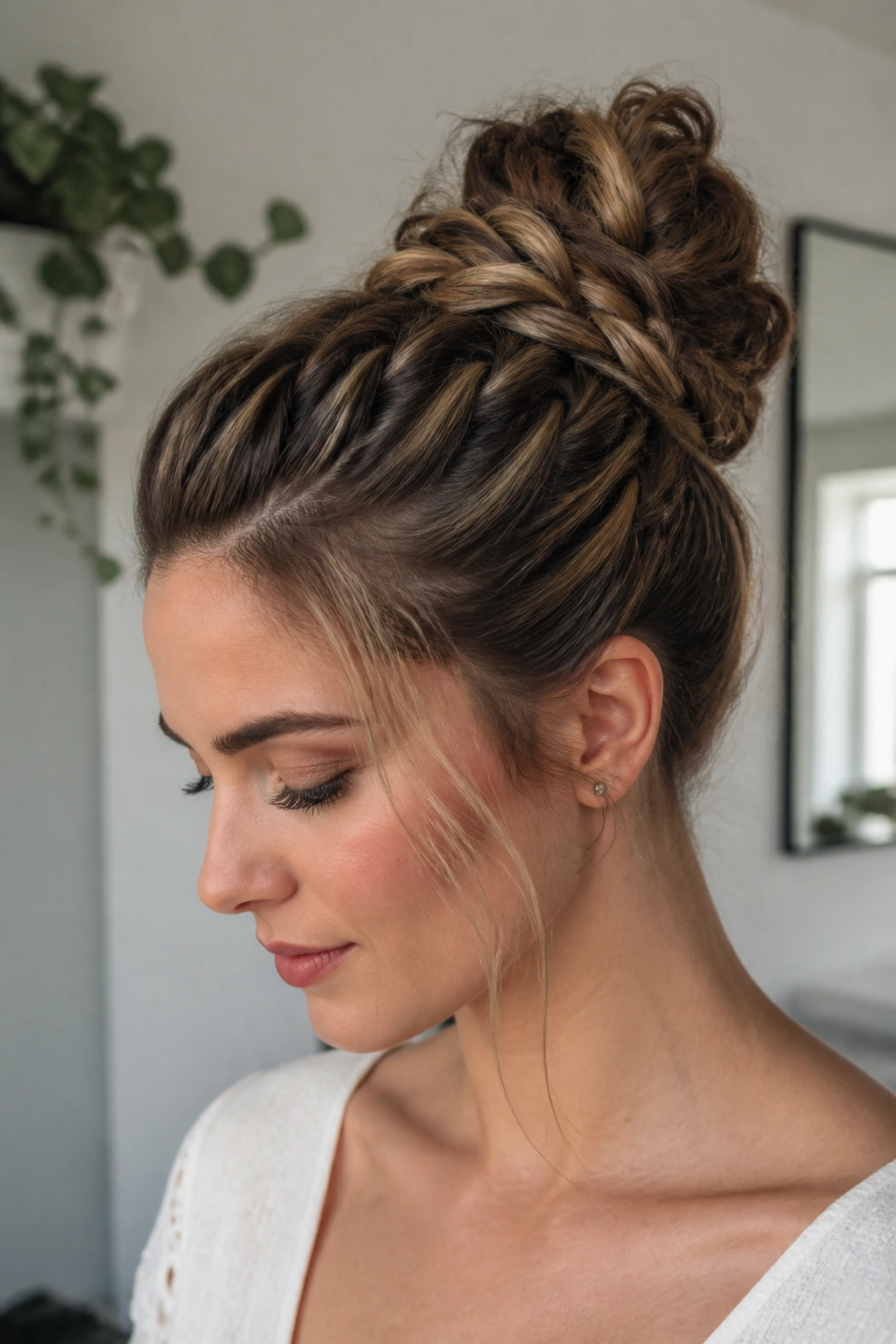 Close-up of a real woman with three braided sections pulled through into a textured bun