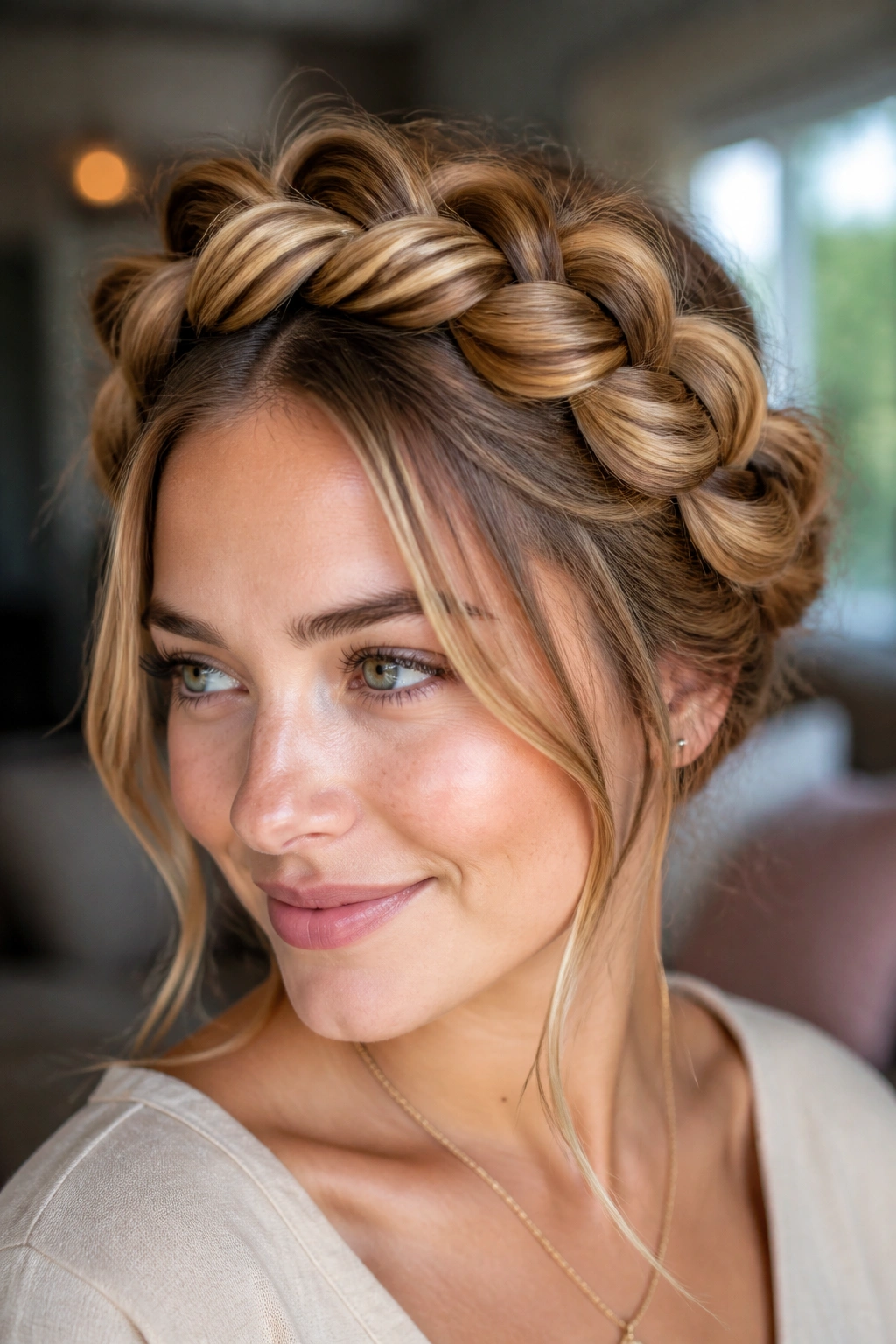 Close-up of a chunky pull-through crown braid on a real woman