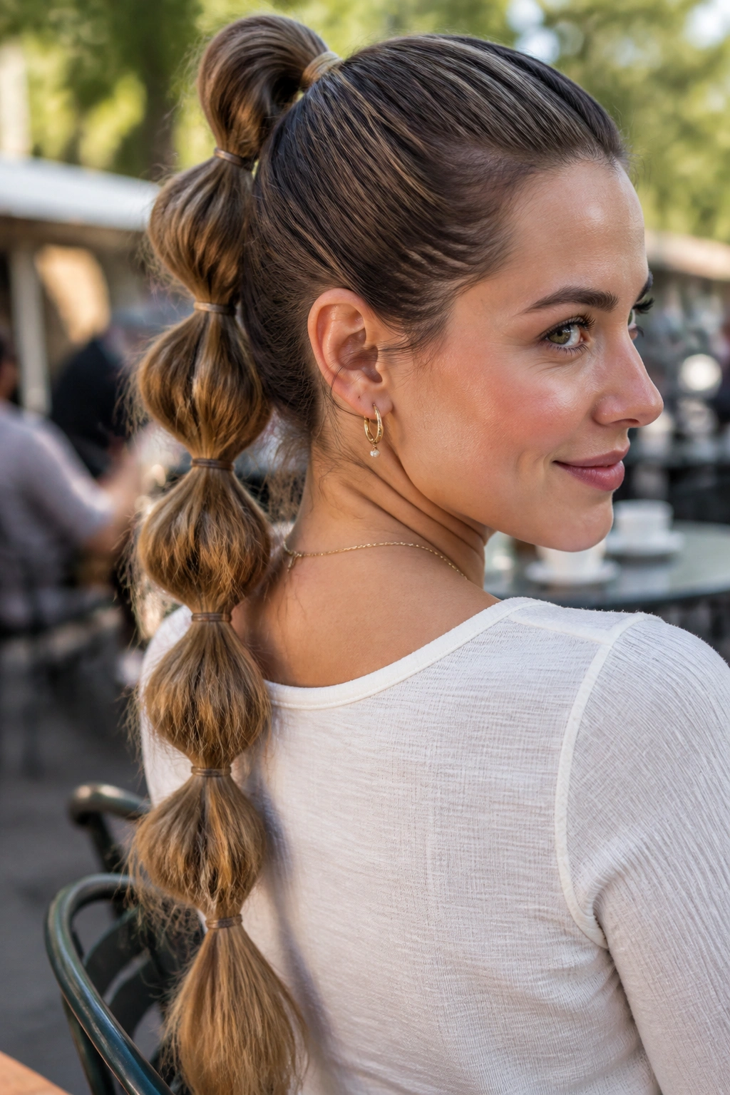 Close-up of a real woman with a stacked pull-through braid.