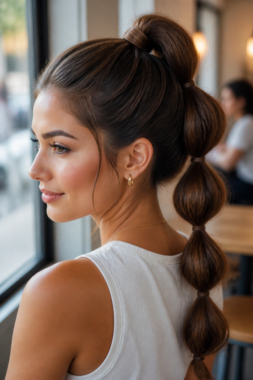 Portrait of a real person with a high pull-through ponytail and bubble sections