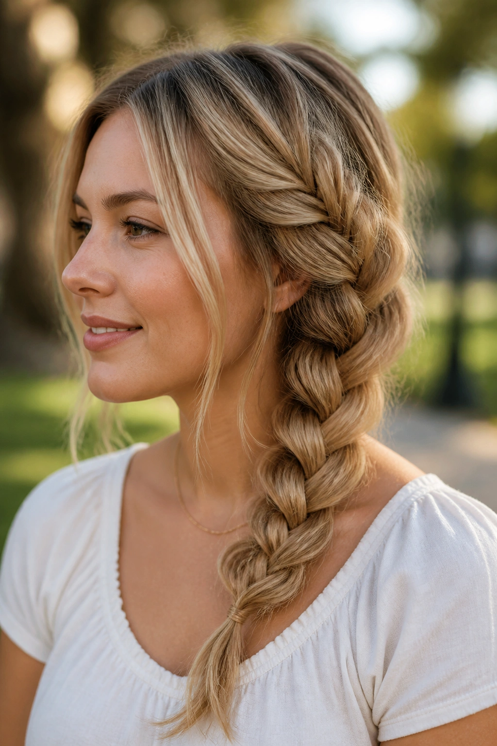 Close-up of a real woman wearing a pulled-apart loose braid