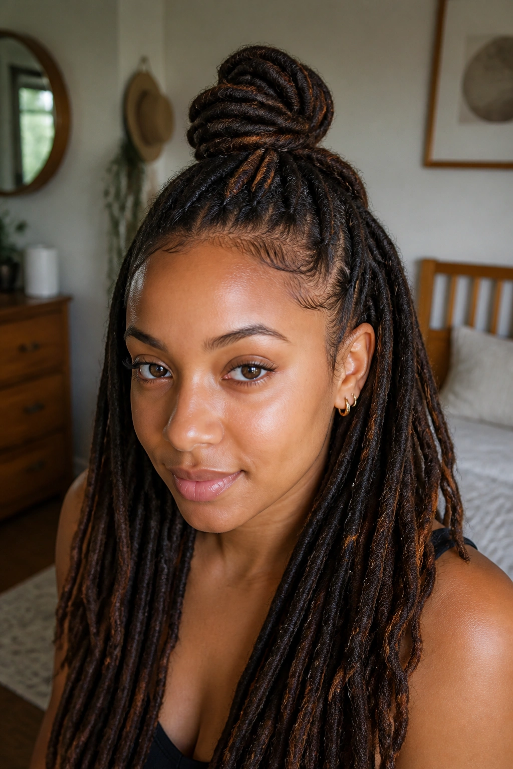 Close-up of a real woman with a pulled-back crown knot loc hairstyle, natural window light