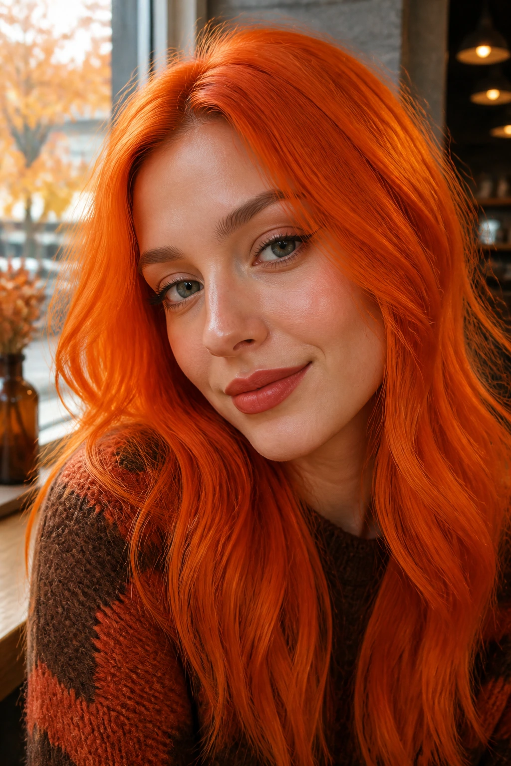 Close-up of a real person with pumpkin-orange hair in warm cafe light