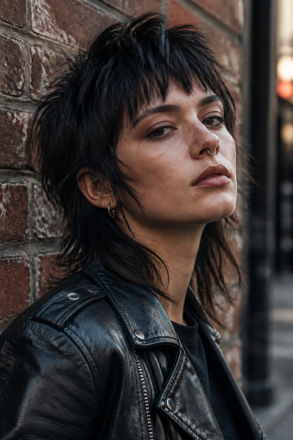 Close-up portrait of a real woman with a textured wolf cut and punk edge, wearing a leather jacket.