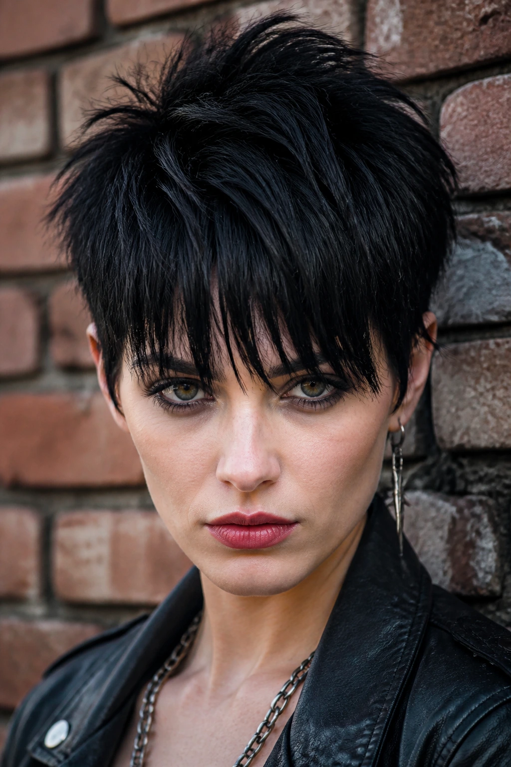 Real woman with punk fringe pixie against an urban backdrop