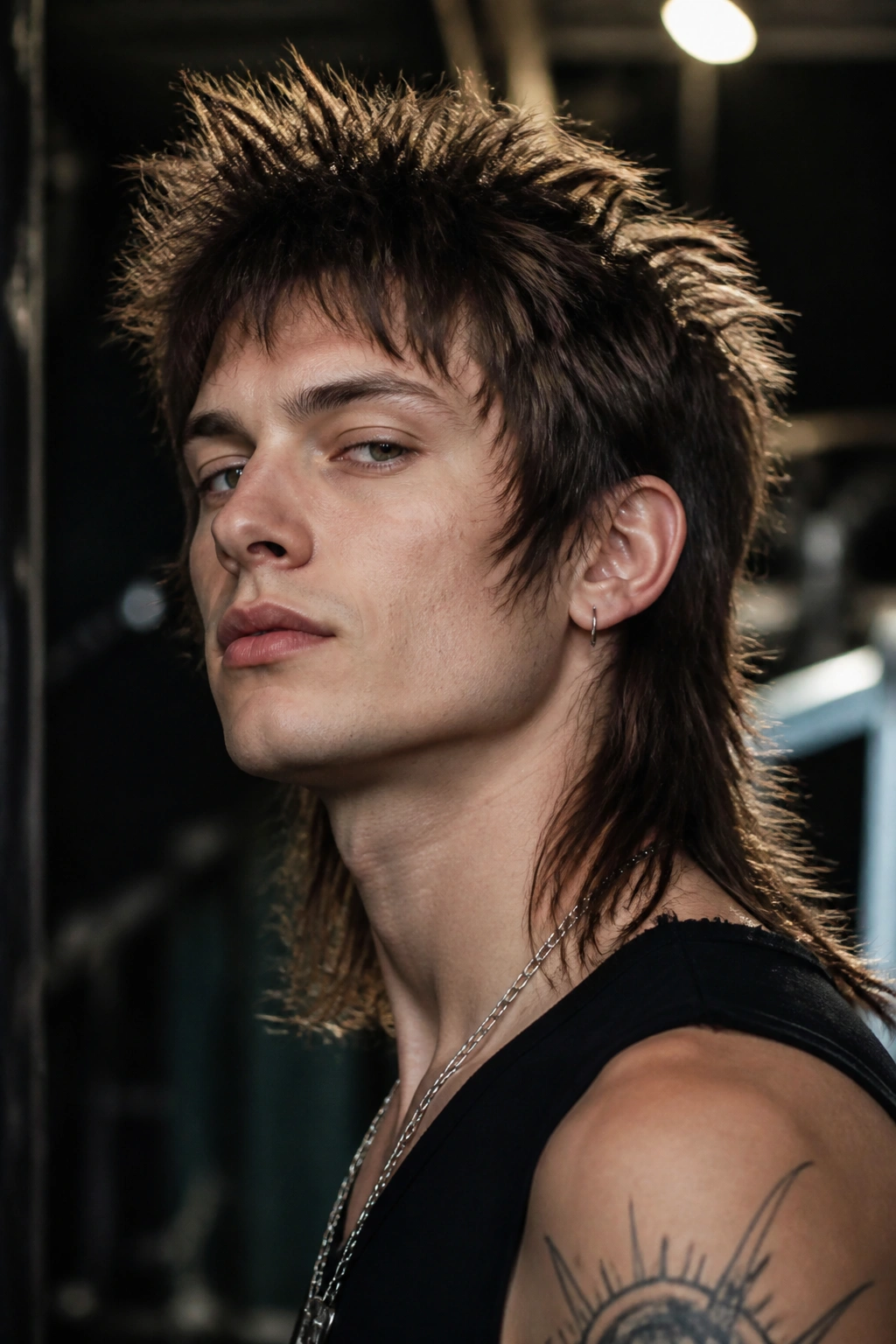 Man with punk mullet and choppy ends in gritty urban setting.