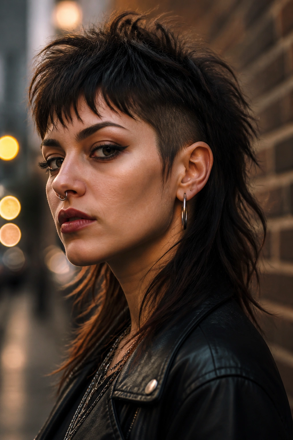 Close-up portrait of a real woman with punk mullet and tapered sides on an urban street