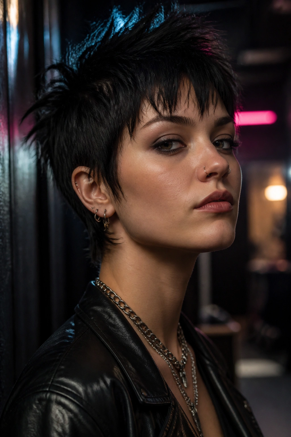Close-up portrait of a real person with a bold punk pixie cut under moody backstage lighting