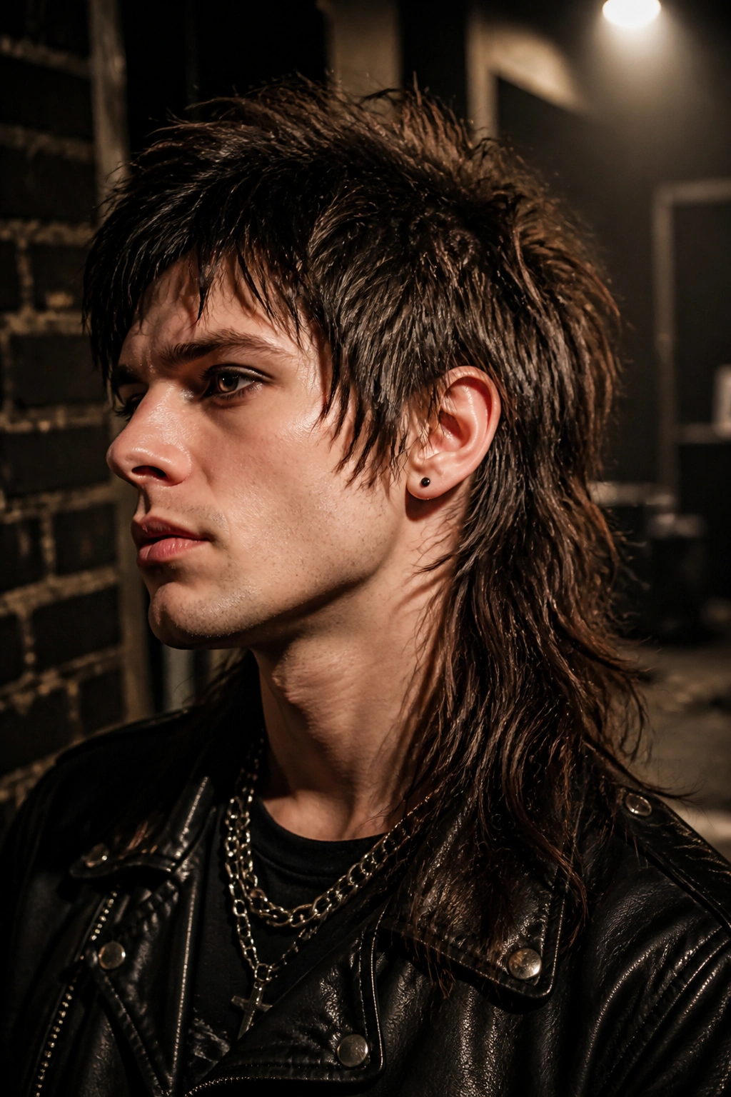 Close-up portrait of a real person with a punk-inspired long shag mullet hairstyle featuring short crown layers and a long back.