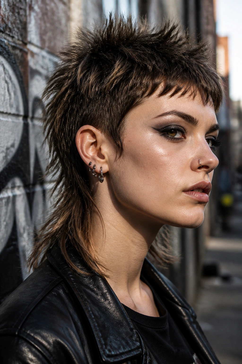 Close-up portrait of a real person with Punk Spiky Pixie Mullet showing lifted spiky top and textured nape.