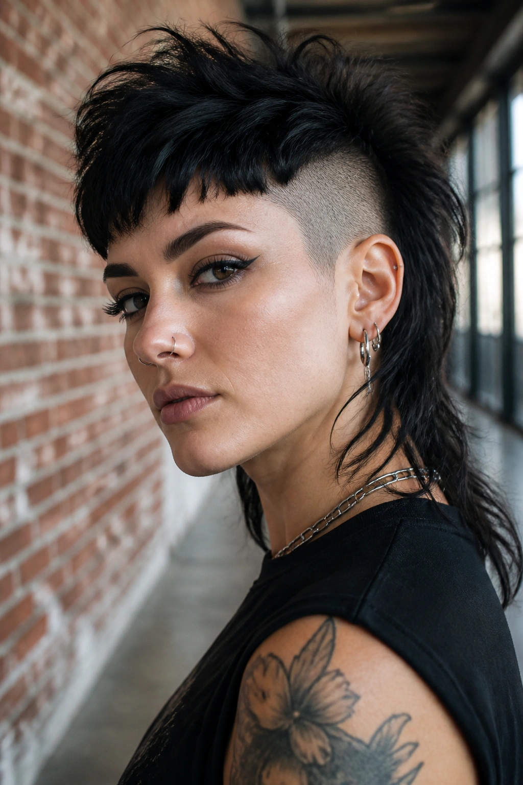 Close-up of a real person with a punk undercut mullet and sharp fringe.