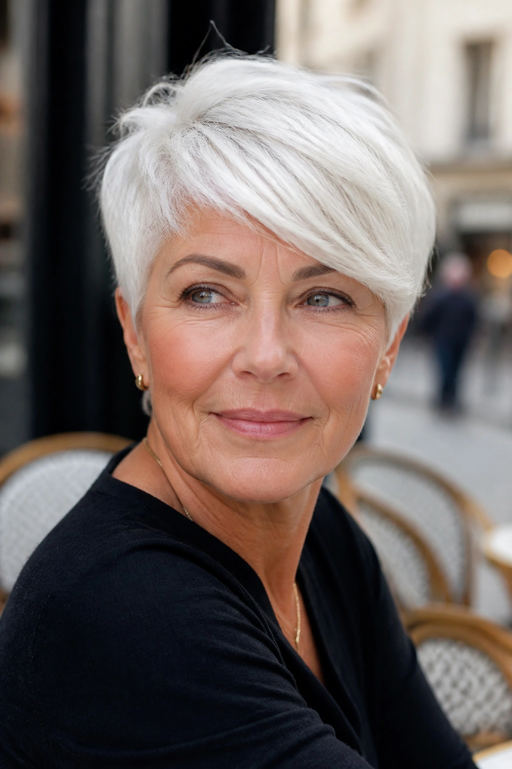 Close-up of a real woman with a pure white crop and side sweep