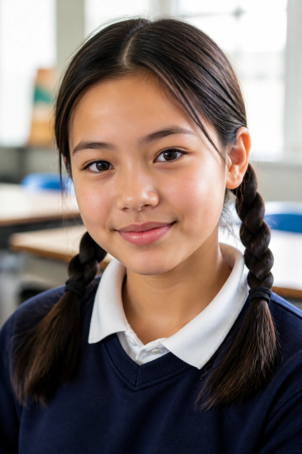 Close-up portrait of a real student with two quick low pigtail braids ready for school.