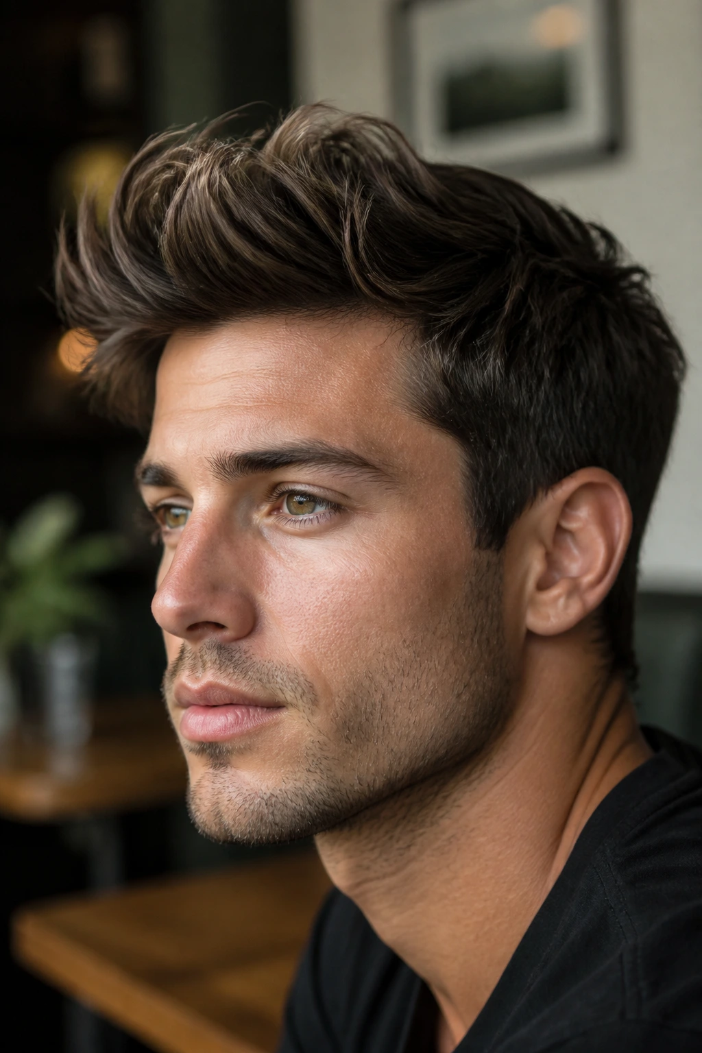 Close-up of man with loose textured quiff under soft natural light