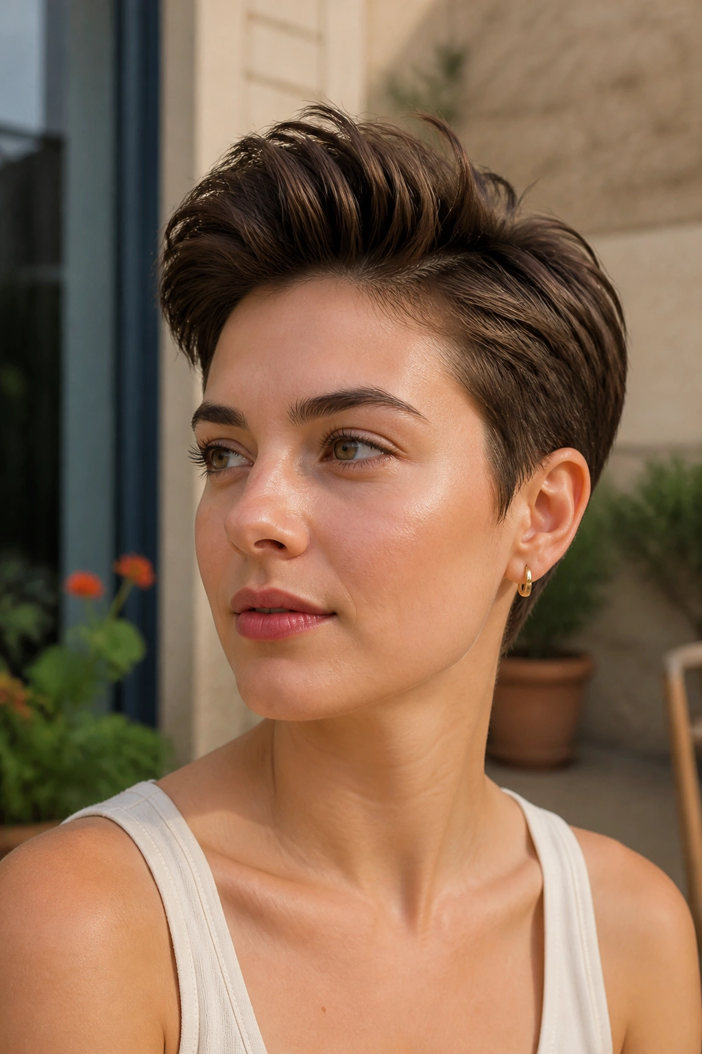 Real person with swept-back quiff pixie lifting at the front in bright courtyard light