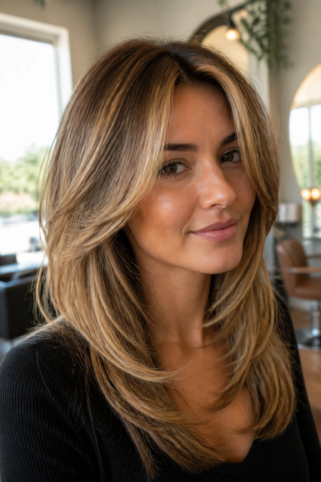 Close-up of a woman with The Rachel Revival hairstyle featuring soft face-framing layers.