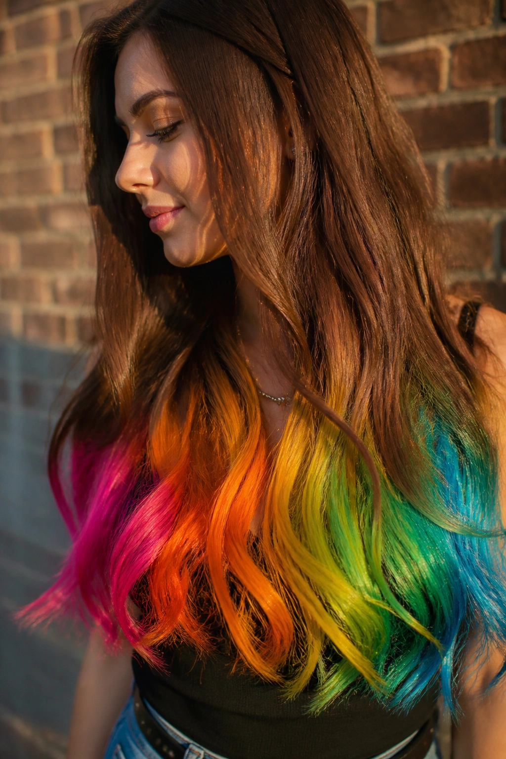 Close-up of a real person with rainbow gradient ends on long hair