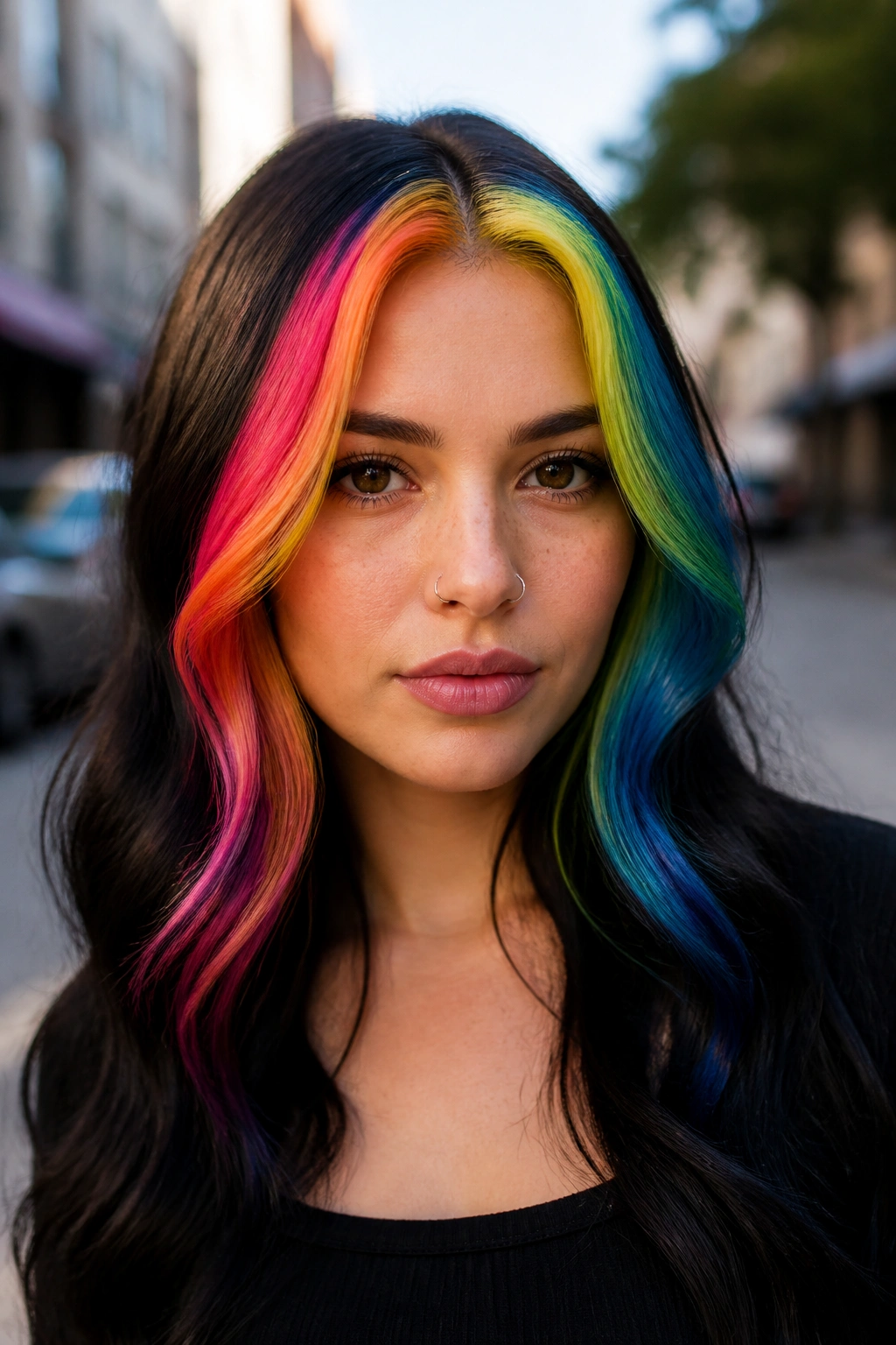 Close-up of a real person with rainbow money piece on dark hair