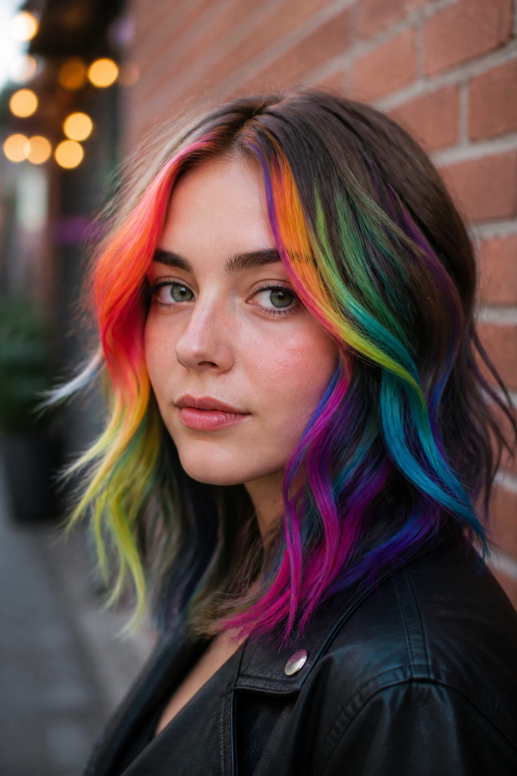 Close-up of a real person with rainbow hair streaks on an urban street.