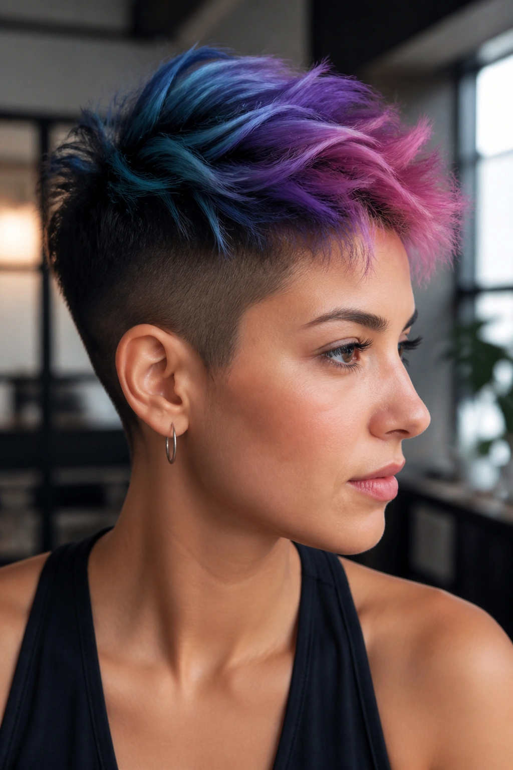 Close-up of a real person with dark-to-light rainbow tips on a short undercut.