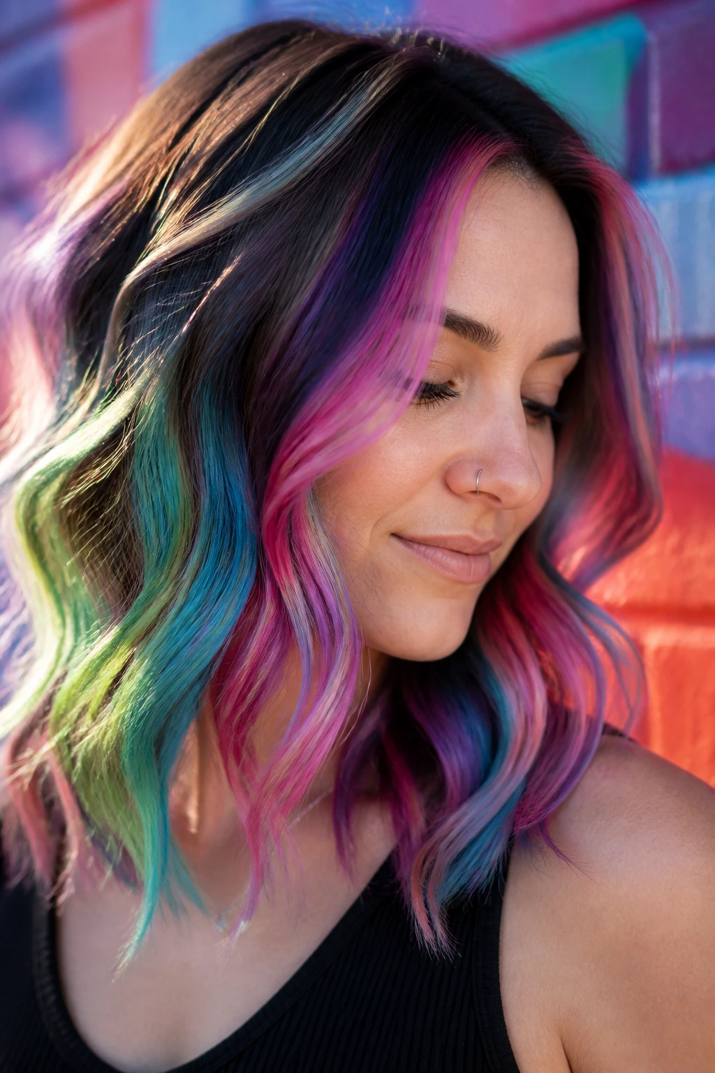 Close-up portrait of a real person with rainbow peekaboo strands against a colorful blurred wall