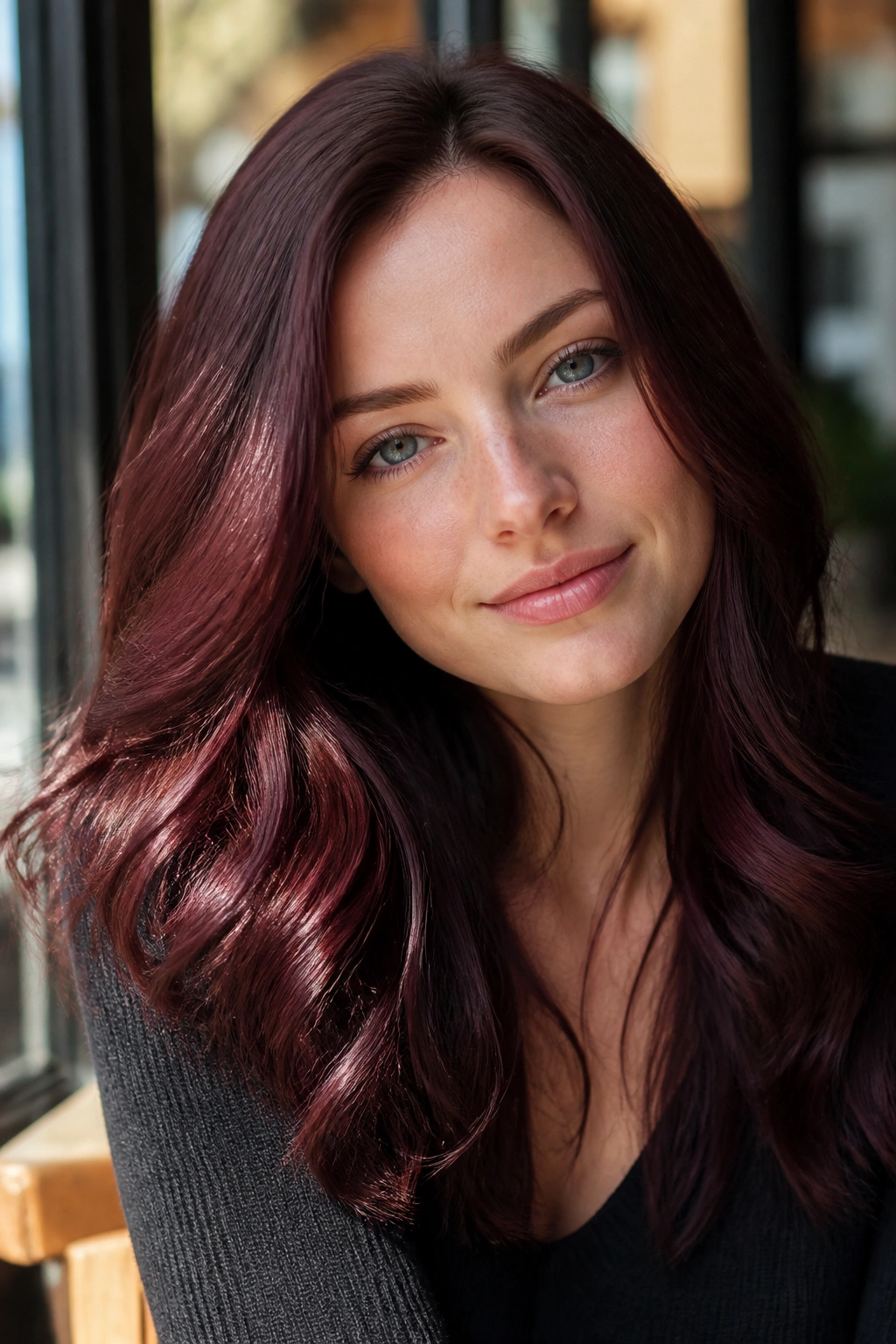Close-up of real woman with raspberry brunette hair under soft window light