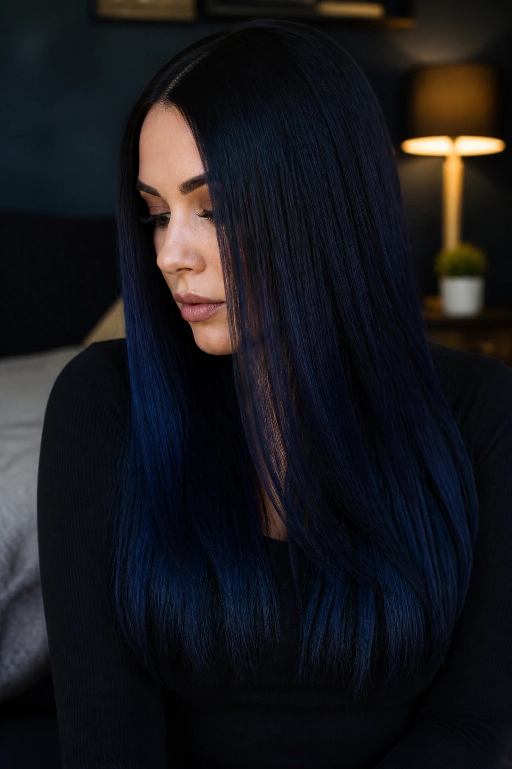 Close-up of a real woman with Raven to Midnight Navy Melt on straight hair.