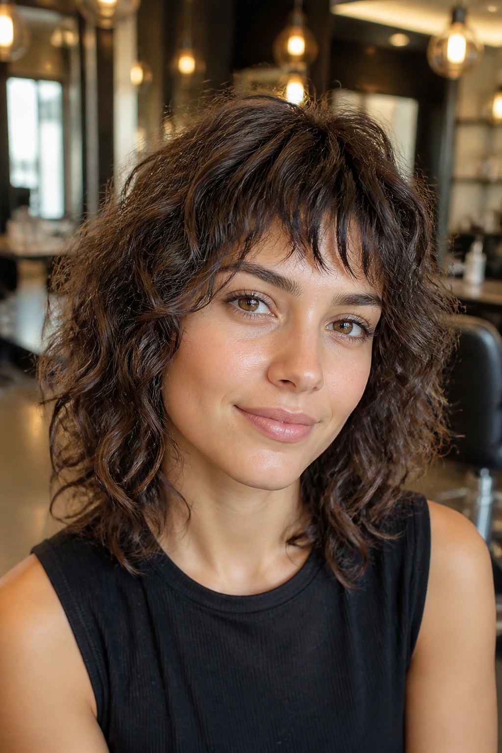 Close-up of a real woman with choppy razor bangs and soft edges