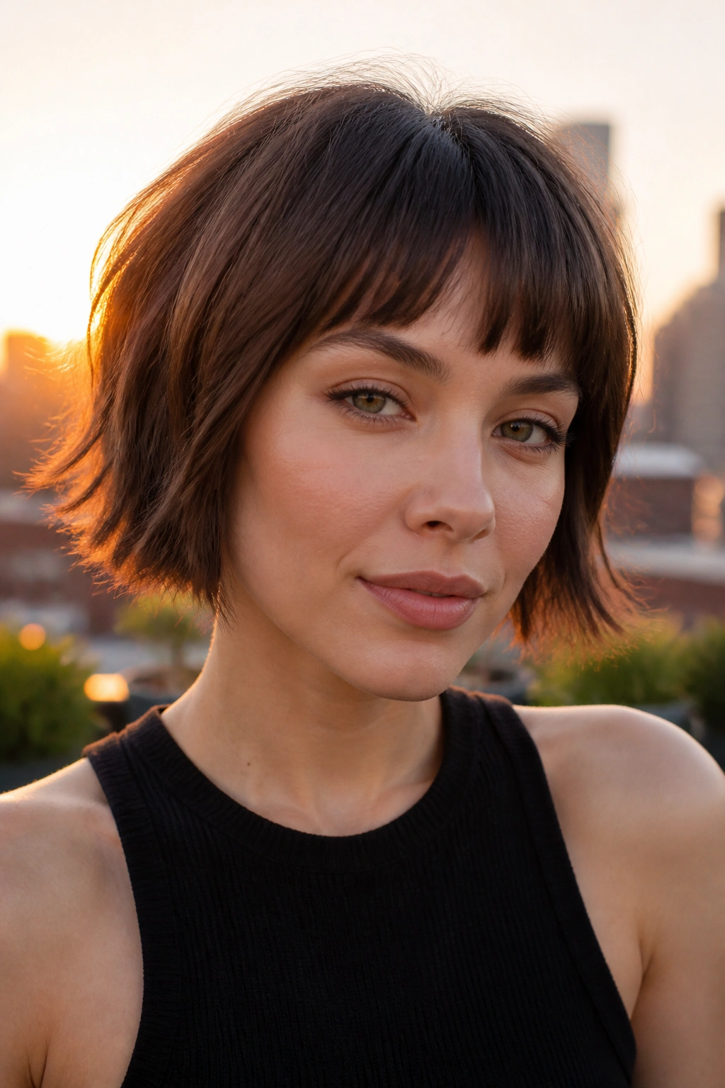 Portrait of a person with razor bob and arched bangs on a rooftop at sunset