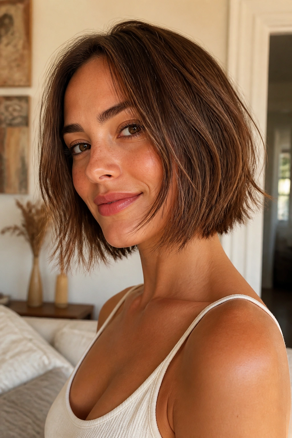 Close-up portrait of a real woman with razor-cut bob and movement at the ends, in warm living room light.