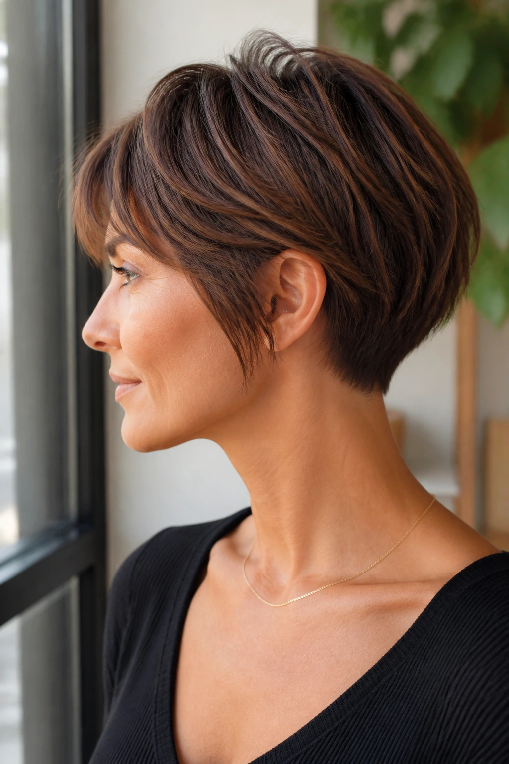 Real woman side-profile with razor bob and soft undercut