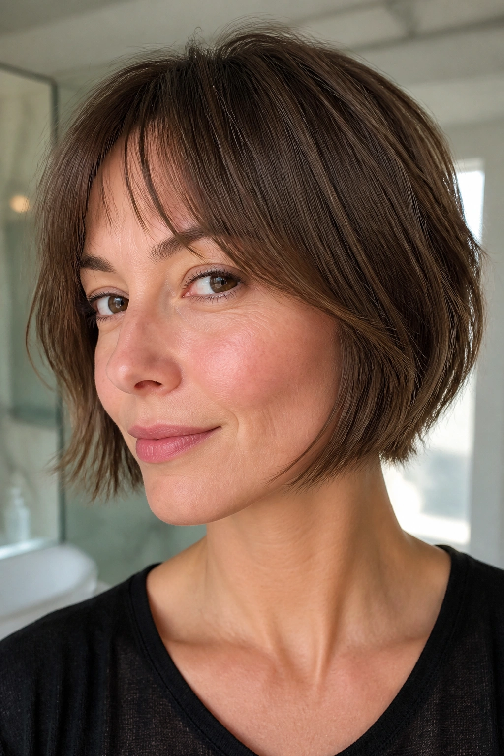 Portrait of a real woman with razor-broken bob for fine hair.