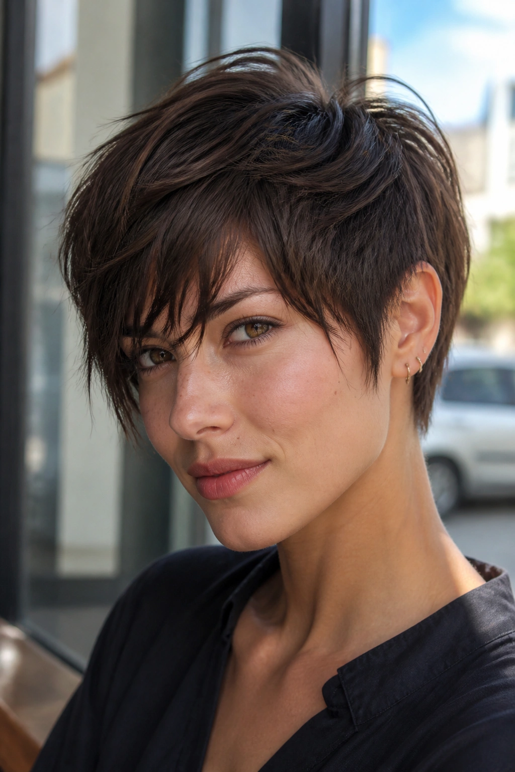 Close-up portrait of a real woman with razor-chopped long bangs and piecey ends in an urban window light