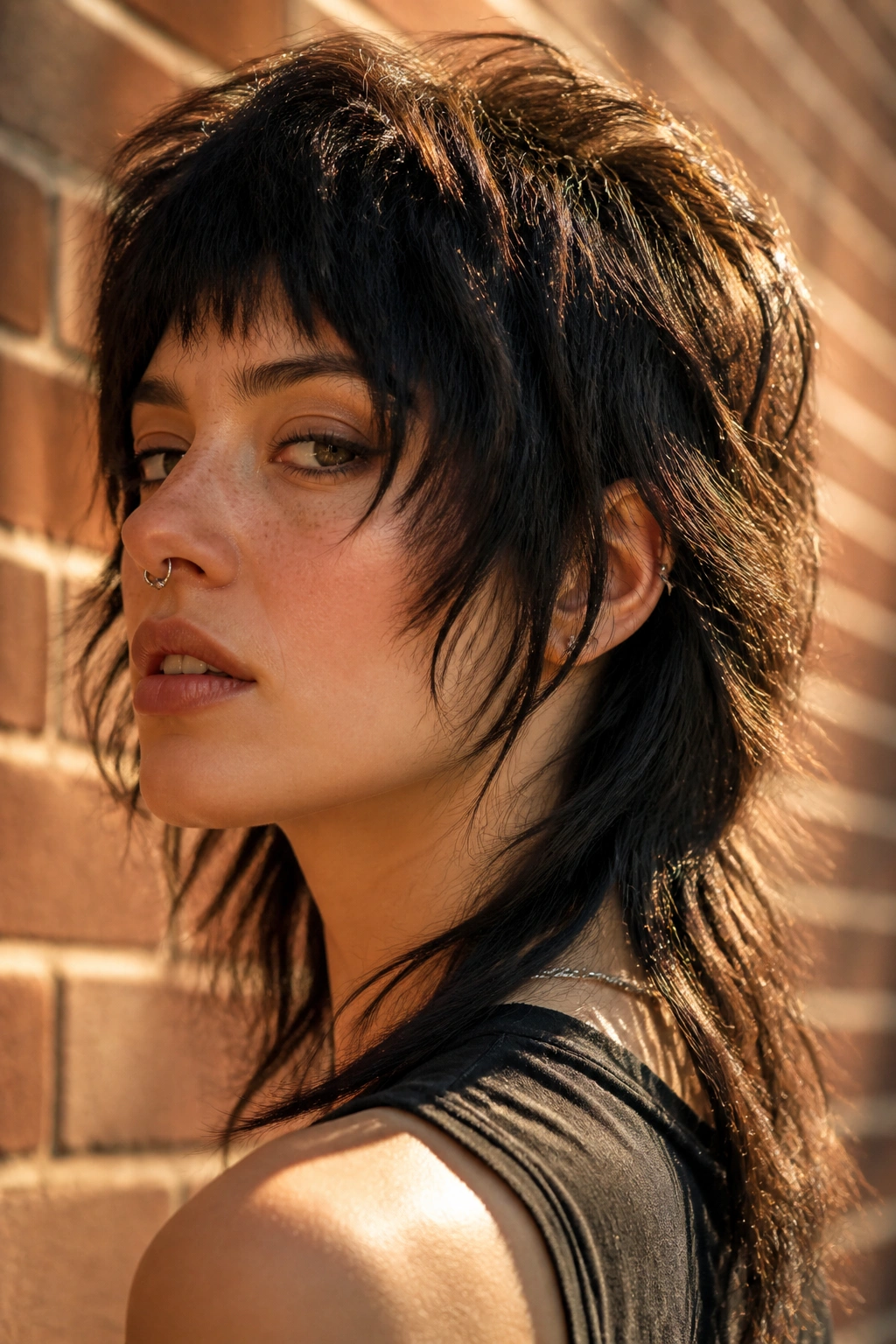 Real woman with razor-chopped wolf cut mullet on city street