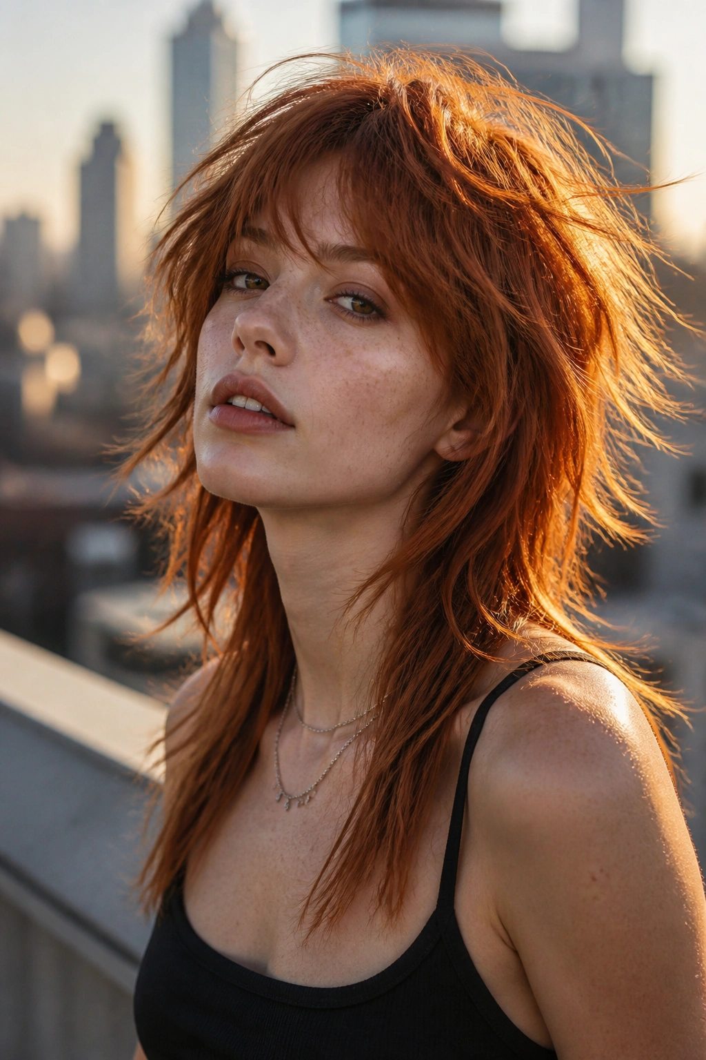 Portrait of real woman with razor-edged copper wolf cut and piecey ends in warm sunset light