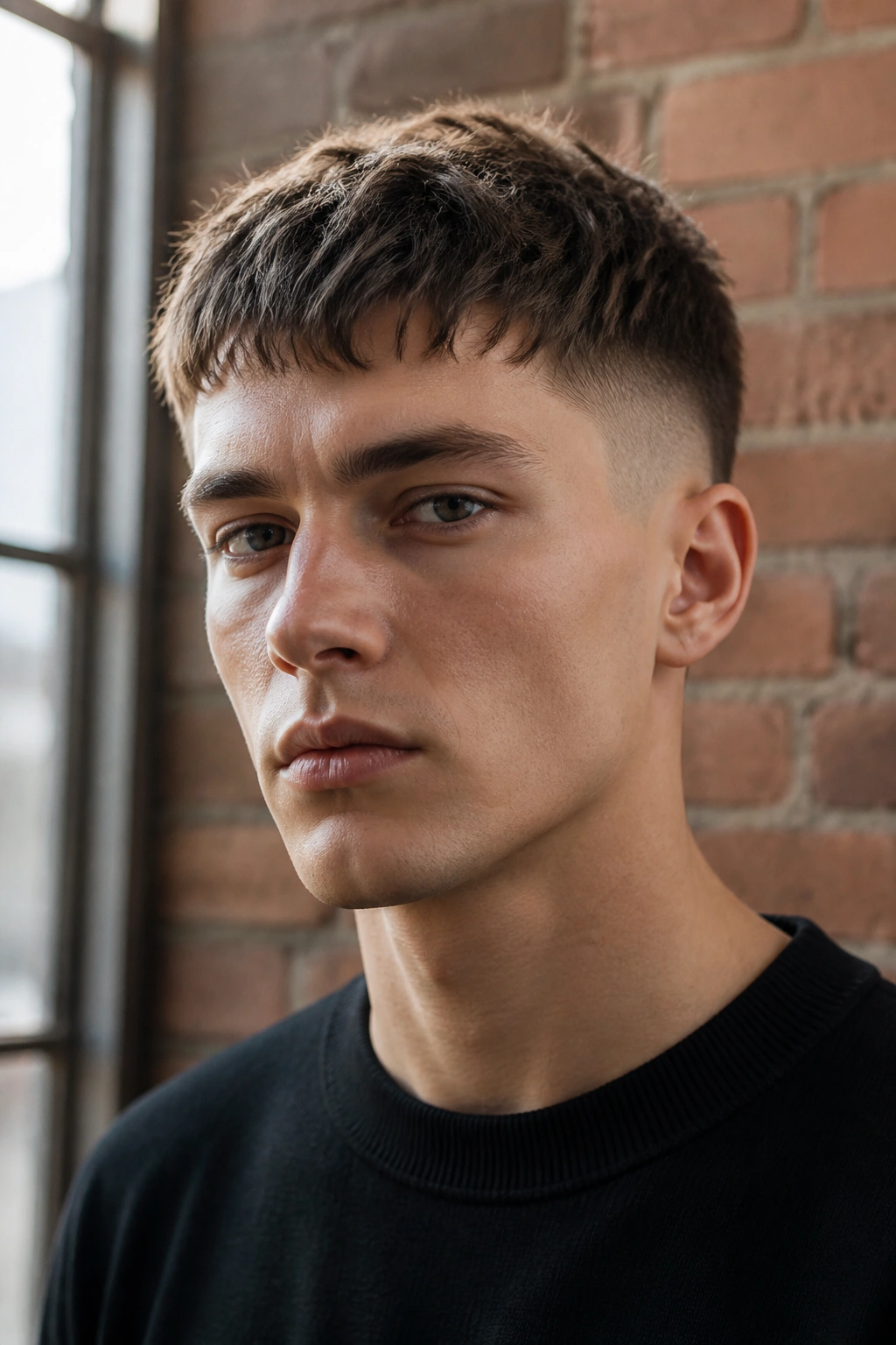 Close-up portrait of a real person with a clean razor crop showing textured top and crisp sides.