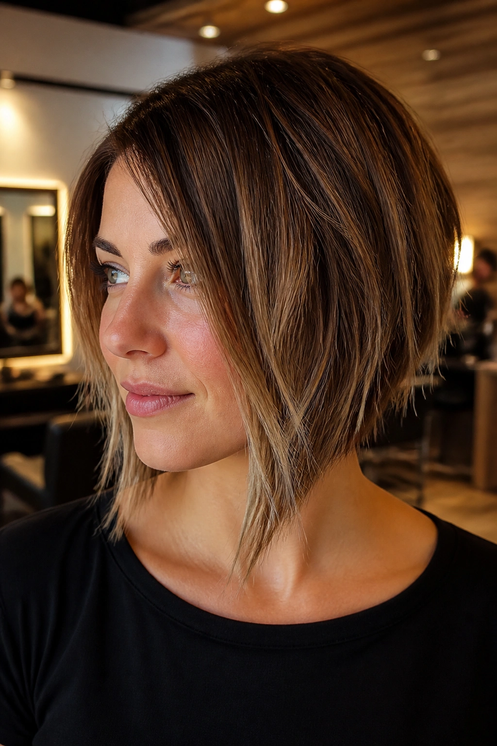 Close-up portrait of a real woman with razor-cut angled bob and shattered ends