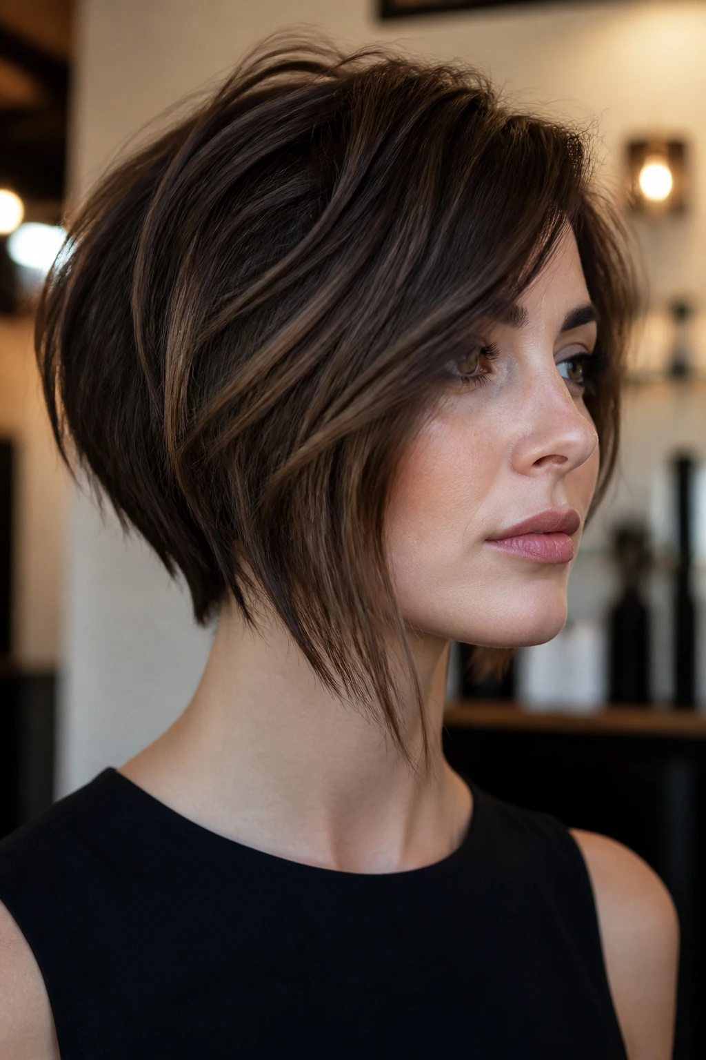 Real woman with razor-cut asymmetric bob and feathered ends in a modern salon