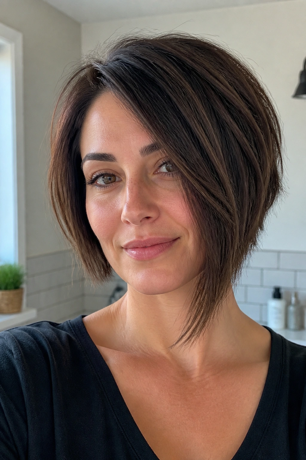 Close-up portrait of a real woman with razor-cut asymmetrical bob