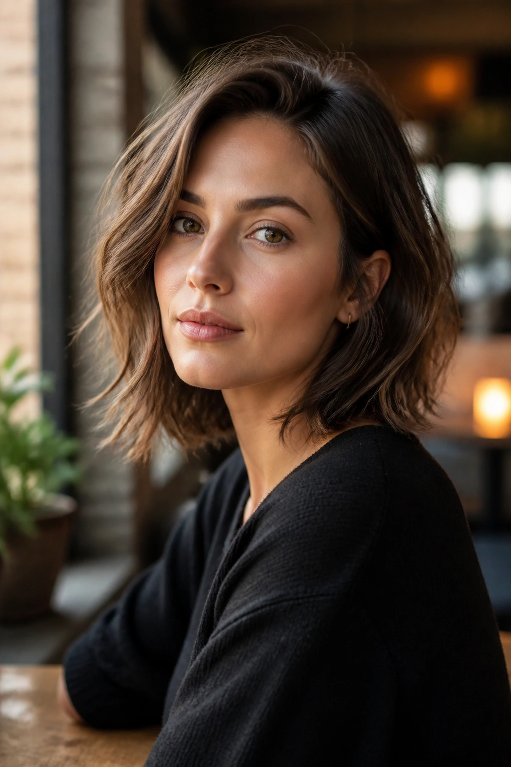 Real woman with razor-cut asymmetrical lob and feathered ends in soft daylight