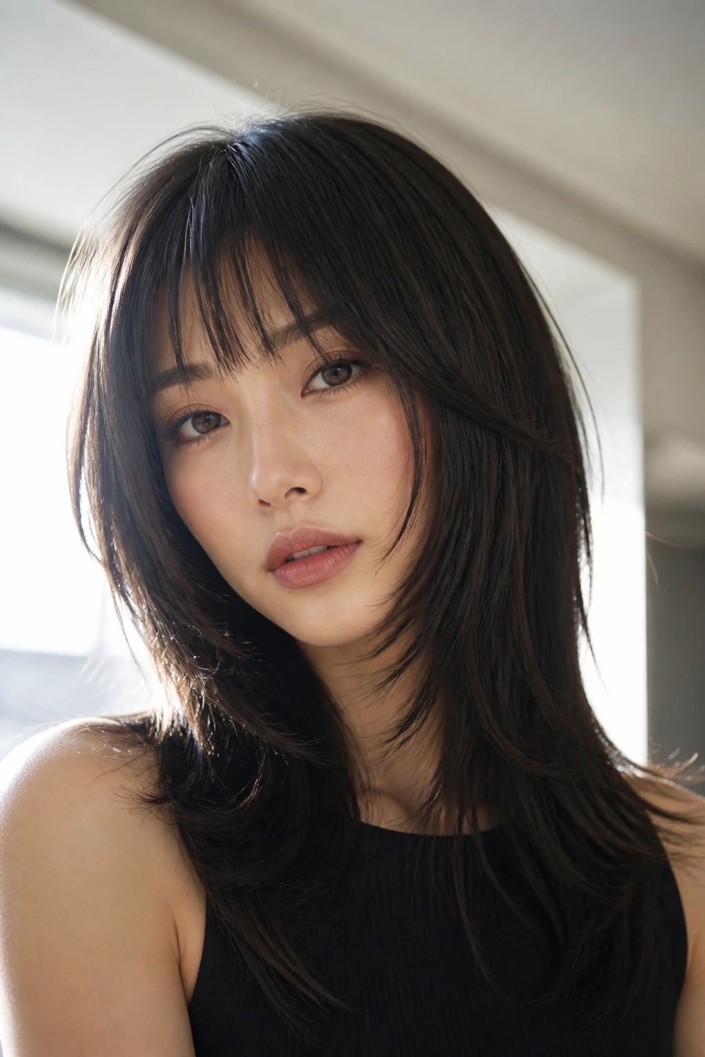 Close-up of a real woman with razor-cut bangs and airy ends in a bright room