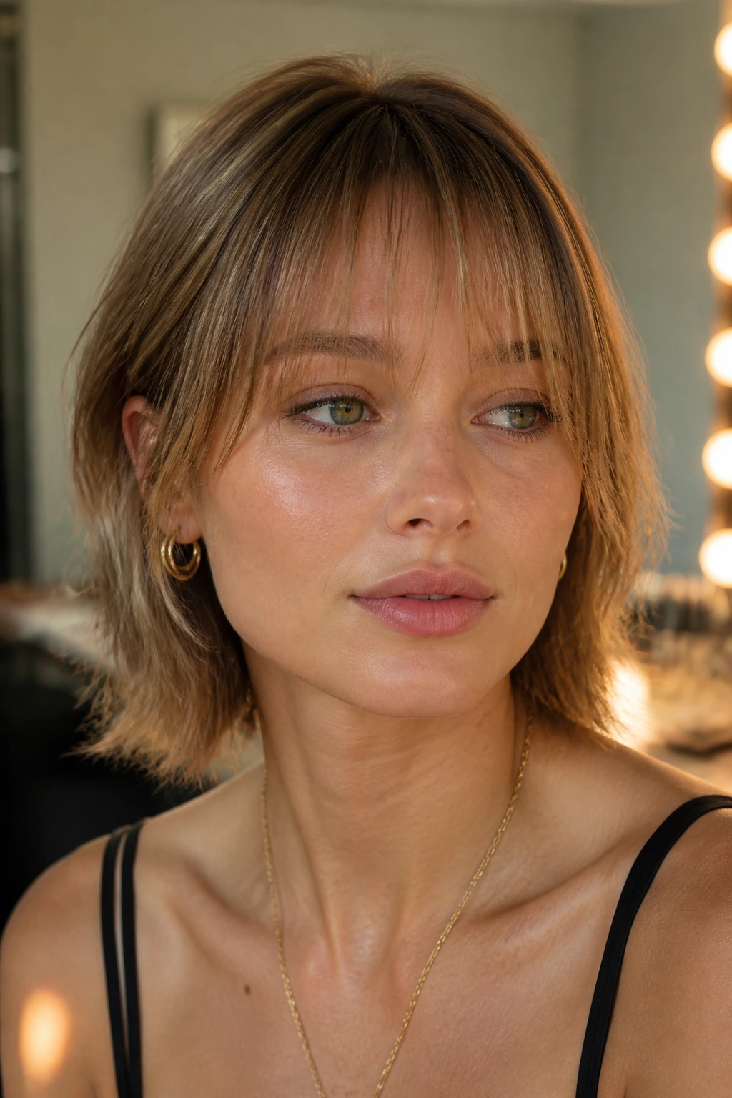 Close-up of razor-cut bangs with feathery finish on a real person